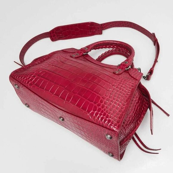 Balenciaga Raspberry Croc Embossed Calfskin Leather Neo Classic Small City Bag - Picture 10 of 12